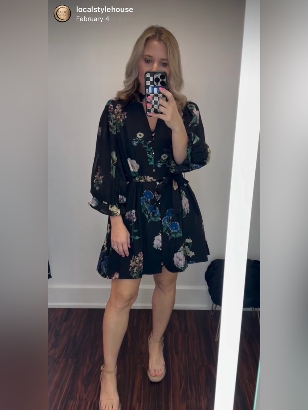 Black Floral Wrap Mini Dress with Tie Waist